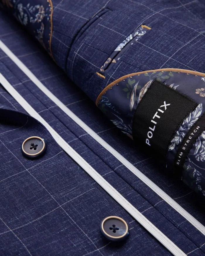 Politix Blazers Men Slim Stretch Windowpane Check Tailored Jacket Navy Windowpane