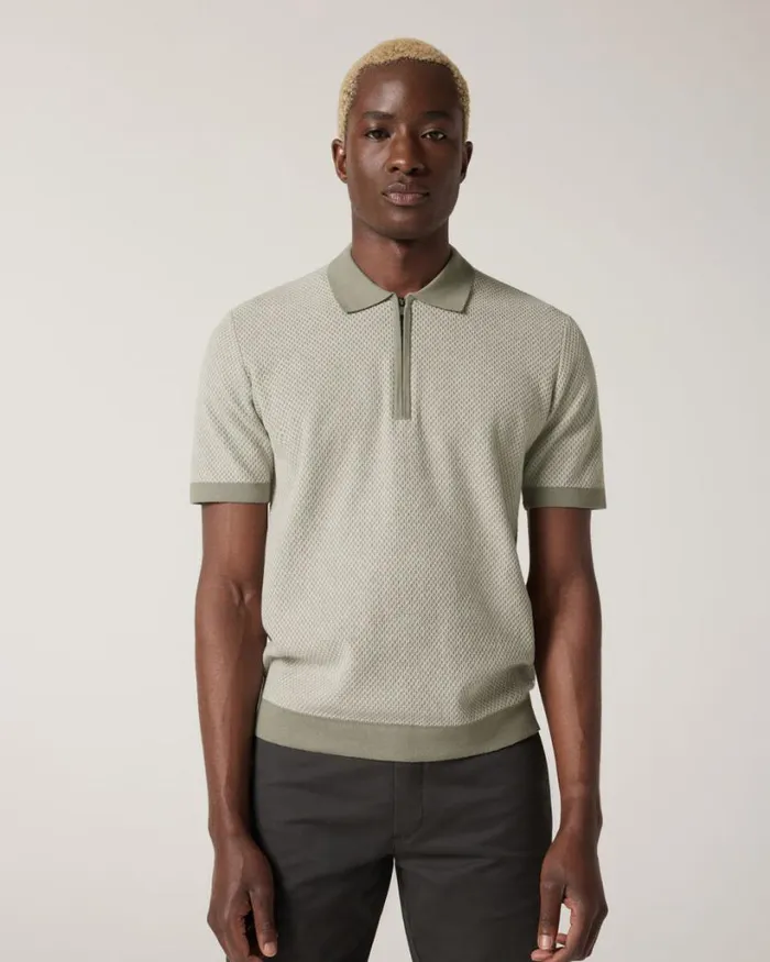 Politix Knitwear Men Textured Knit Zip Polo Sage