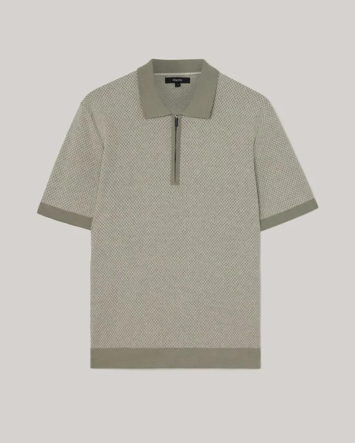 Politix Knitwear Men Textured Knit Zip Polo Sage