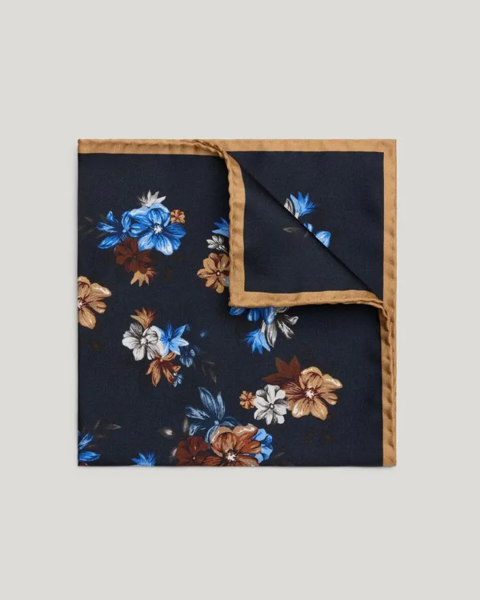Politix Pocket Squares Men Floral Print Silk Pocket Square Navy