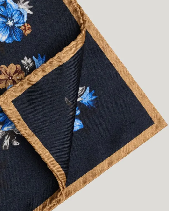 Politix Pocket Squares Men Floral Print Silk Pocket Square Navy
