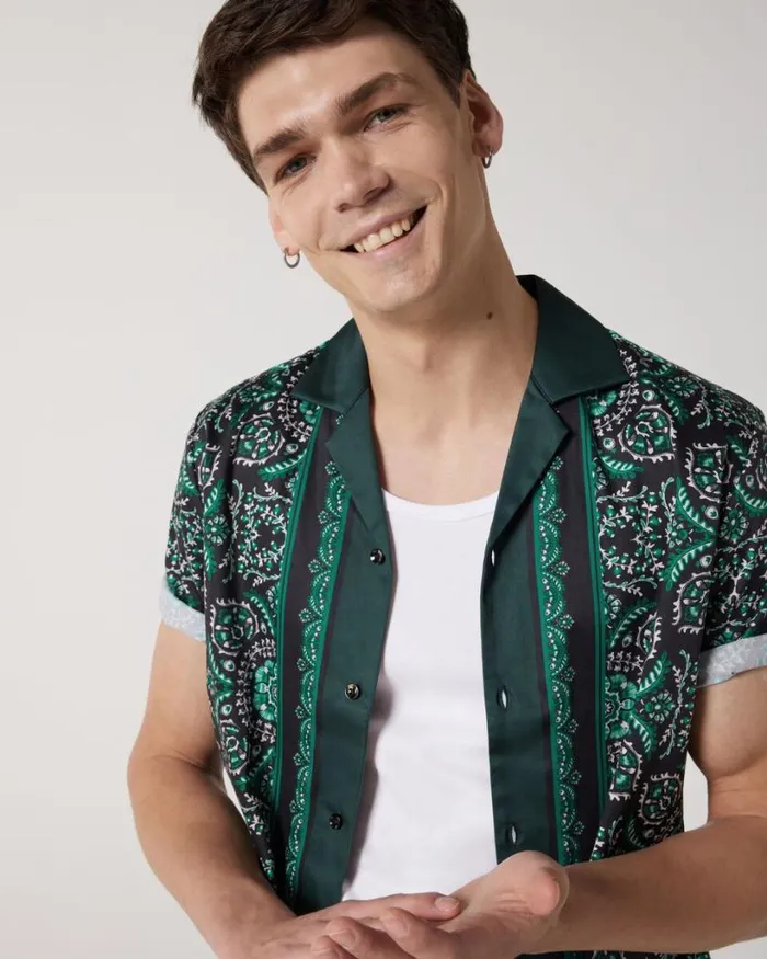 Politix Shirts Men Camp Collar Bandana Print Short Sleeve Shirt Black