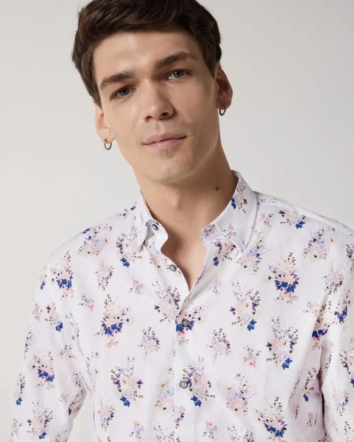 Politix Shirts Men Floral Print Long Sleeve Shirt Blue