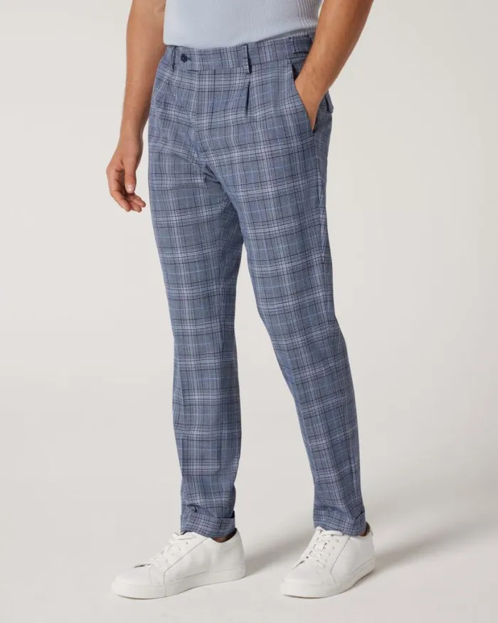 Politix Suit Pants Men Slim Stretch Pleat Checked Tailored Pant Blue Check