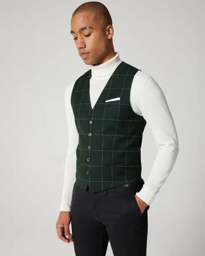 Politix Vests Men 5 Button Check Tailored Vest Forest Check
