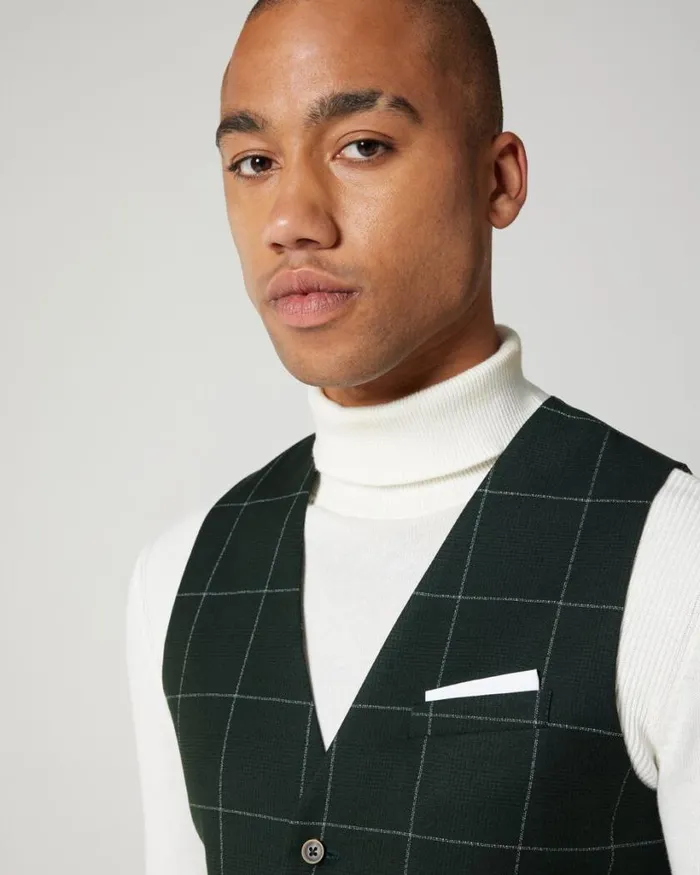 Politix Vests Men 5 Button Check Tailored Vest Forest Check