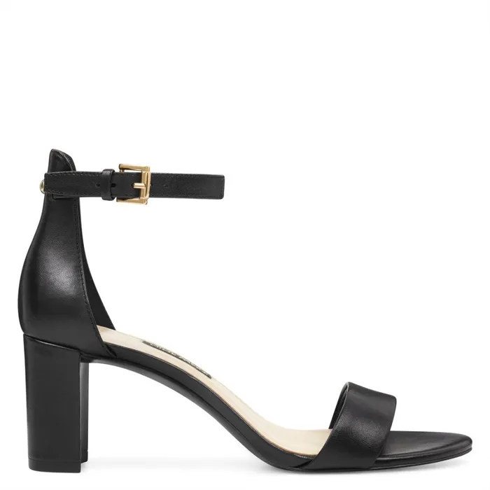 Pruce Ankle Strap Block Heel Sandals Black Leather Women Nine West Heeled