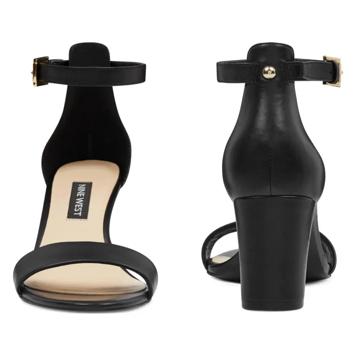 Pruce Ankle Strap Block Heel Sandals Black Leather Women Nine West Mid Heels