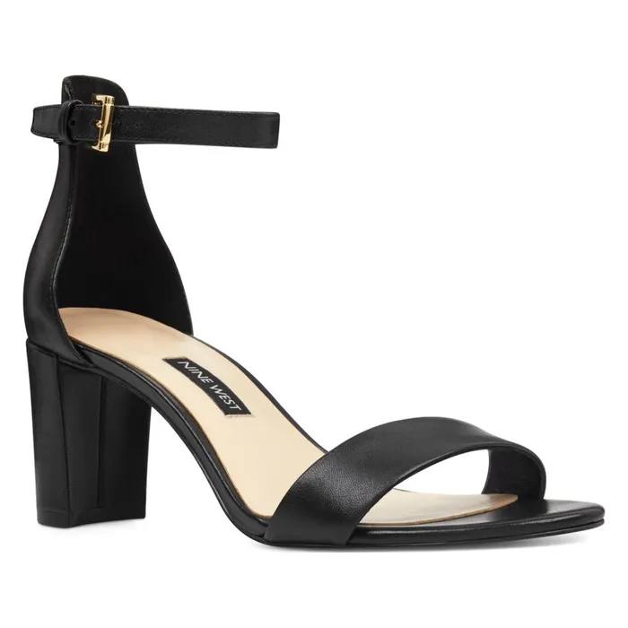 Pruce Ankle Strap Block Heel Sandals Black Leather Women Nine West Mid Heels