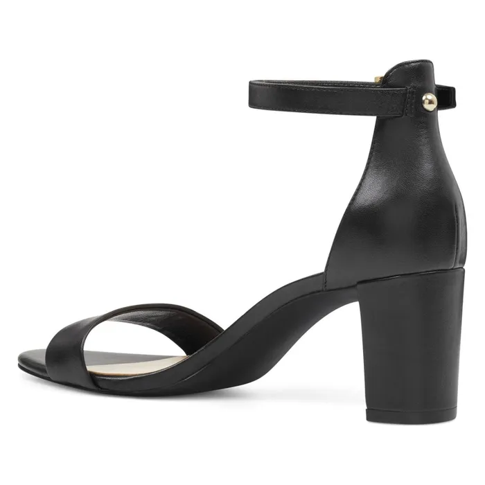 Pruce Ankle Strap Block Heel Sandals Black Leather Women Nine West Mid Heels