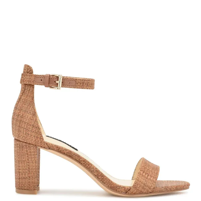 Pruce Ankle Strap Block Heel Sandals Brown Raffia Women Nine West Heeled