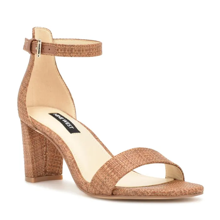 Pruce Ankle Strap Block Heel Sandals Brown Raffia Women Nine West Heeled Pruce Ankle Strap Block Heel Sandals Brown Raffia Women Nine West Heeled