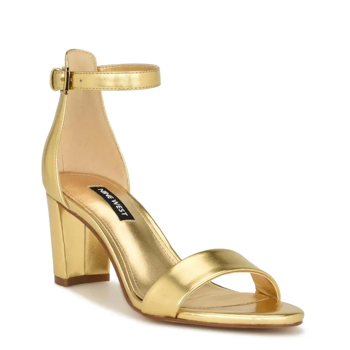 Pruce Ankle Strap Block Heel Sandals Gold Women Nine West Mid Heels Pruce Ankle Strap Block Heel Sandals Gold Women Nine West Mid Heels