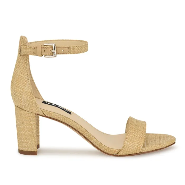 Pruce Ankle Strap Block Heel Sandals Light Natural Raffia Women Nine West Heeled