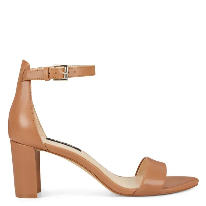 Pruce Ankle Strap Block Heel Sandals Natural Leather Women Nine West Dress