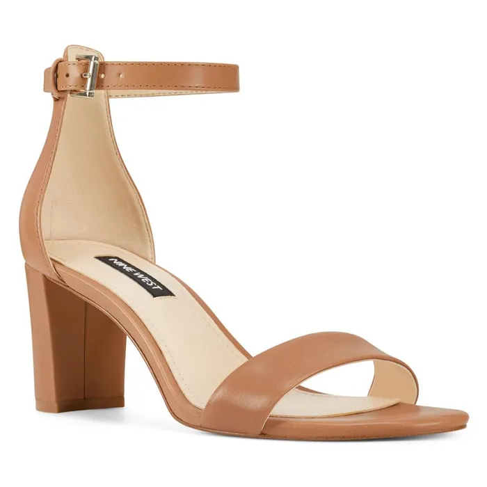 Pruce Ankle Strap Block Heel Sandals Natural Leather Women Nine West Dress