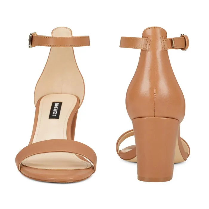 Pruce Ankle Strap Block Heel Sandals Natural Leather Women Nine West Dress