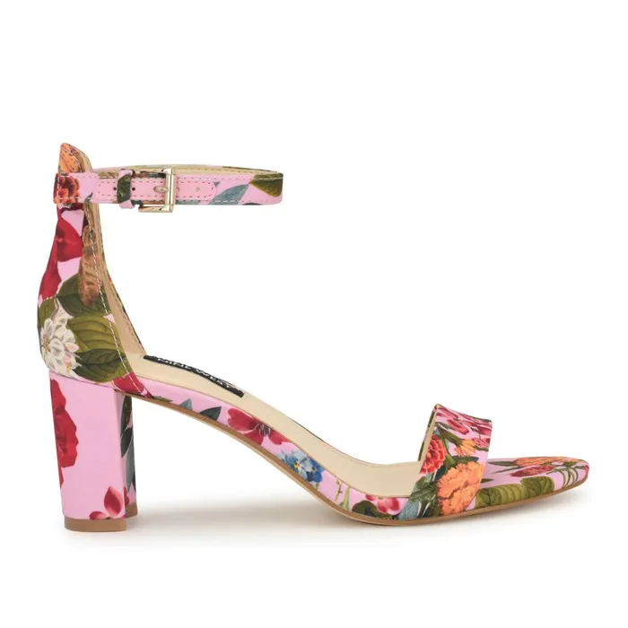 Pruce Ankle Strap Block Heel Sandals Pink Floral Women Nine West Heeled