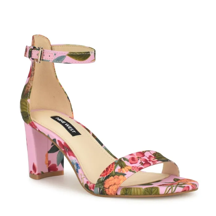 Pruce Ankle Strap Block Heel Sandals Pink Floral Women Nine West Heeled Pruce Ankle Strap Block Heel Sandals Pink Floral Women Nine West Heeled