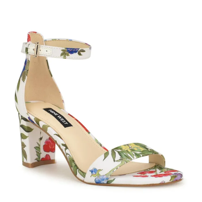 Pruce Ankle Strap Block Heel Sandals White Floral Women Nine West Dress