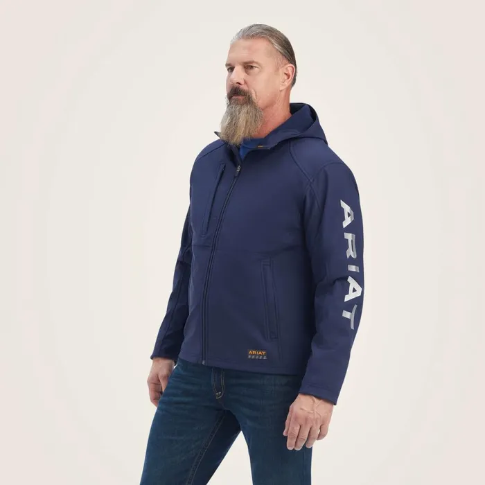 Rebar Stretch Canvas Softshell Hooded Logo Jacket Navygrey Men Ariat Jackets and Vests
