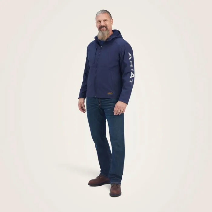 Rebar Stretch Canvas Softshell Hooded Logo Jacket Navygrey Men Ariat Jackets and Vests