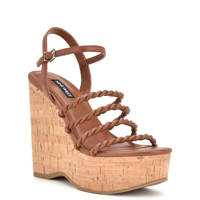 Renest Ankle Strap Wedge Sandals Brown Women Nine West High Heels