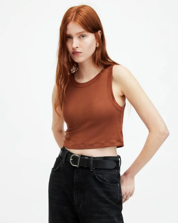 Rina Sleeveless Cropped Tank Top Brunette Brown Women AllSaints Tops and Shirts