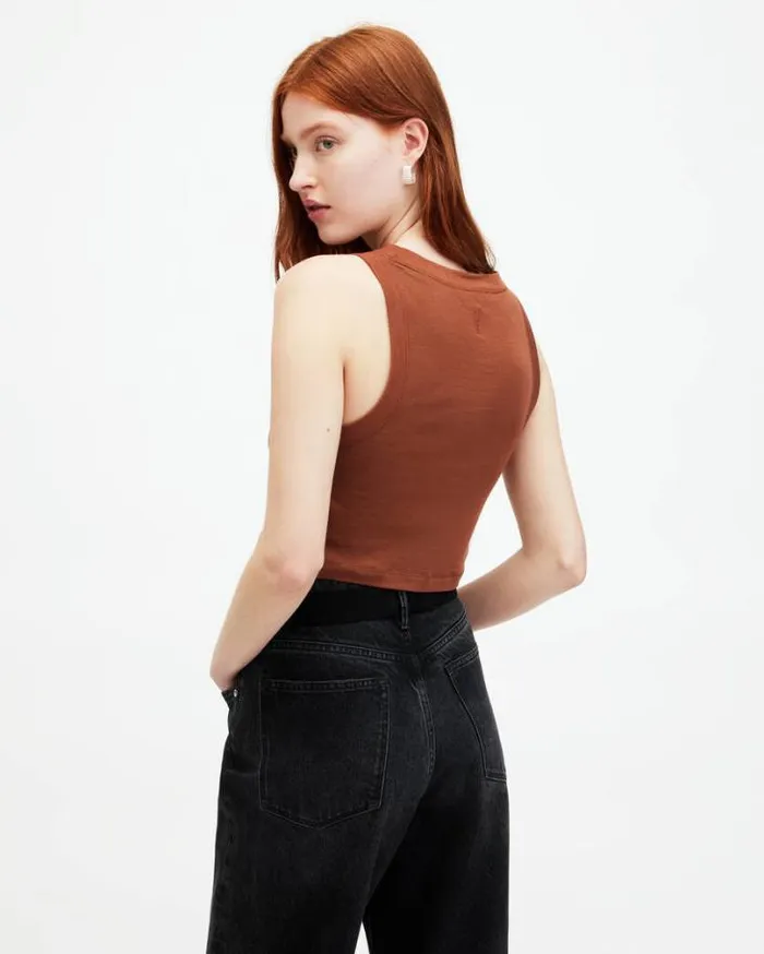 Rina Sleeveless Cropped Tank Top Brunette Brown Women AllSaints Tops and Shirts Rina Sleeveless Cropped Tank Top Brunette Brown Women AllSaints Tops and Shirts