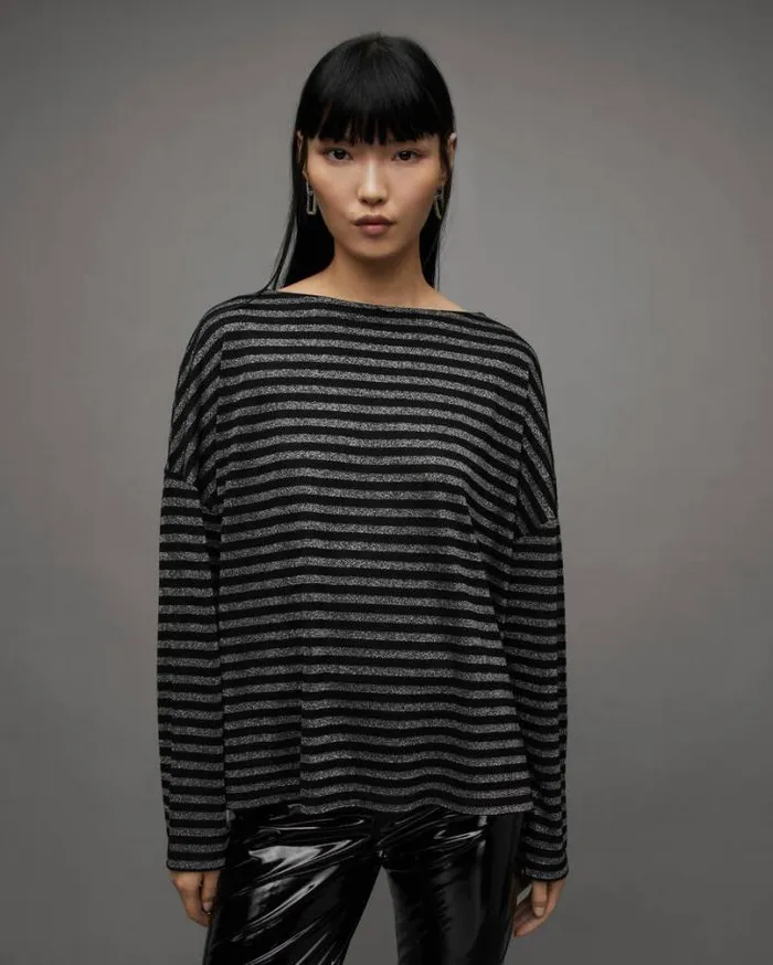 Rita Oversized Striped TShirt Blacksilver Women AllSaints TShirts