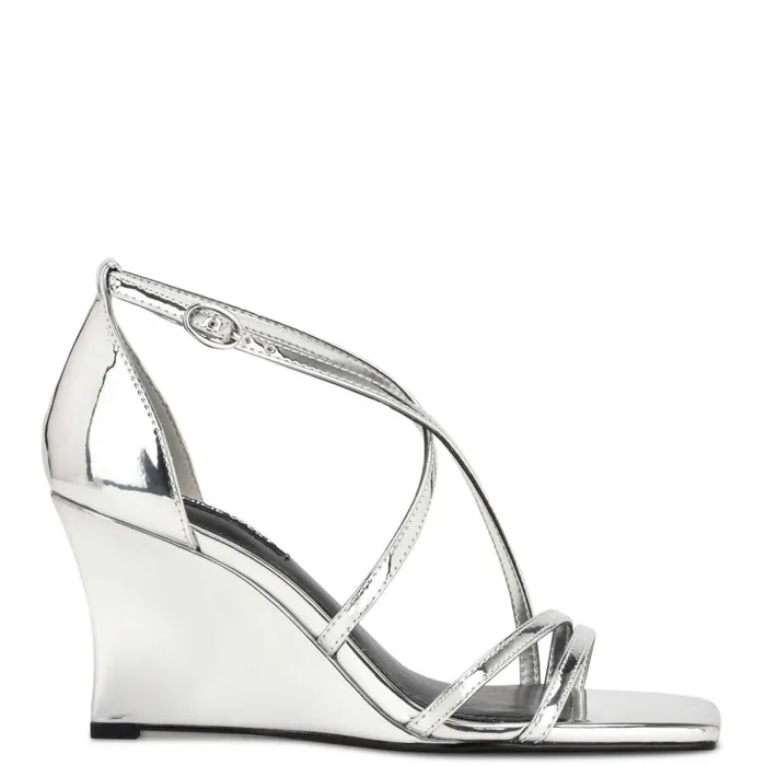 Rolga Wedge Sandals Silver Mirror Metallic Women Nine West Mid Heels
