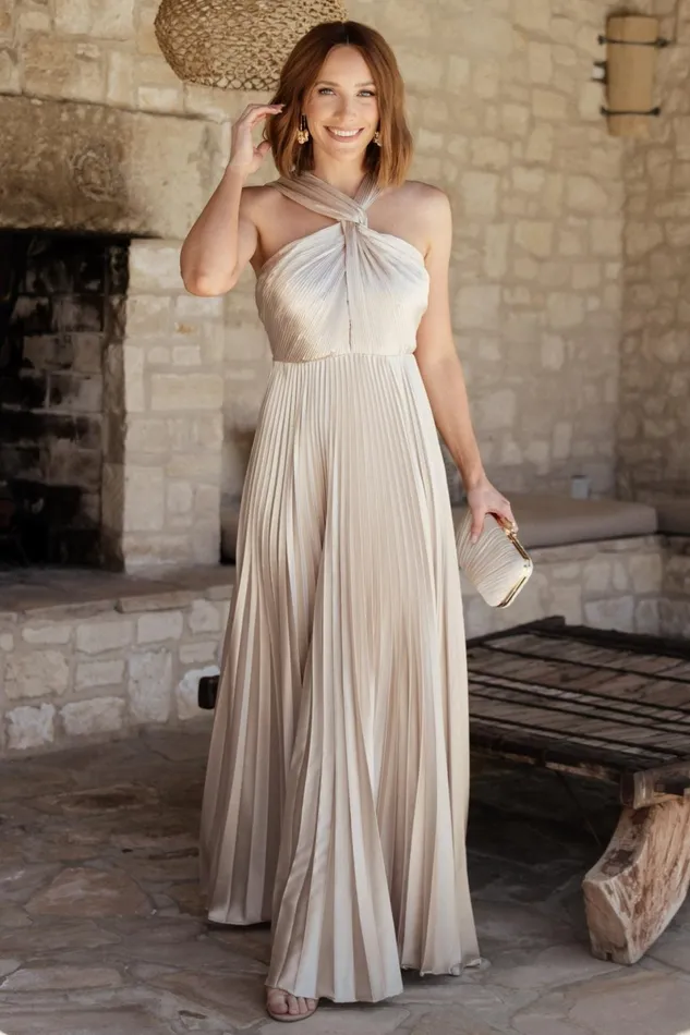 Sandra Pleated Maxi Dress Champagne Women Baltic Born Wedding Guest