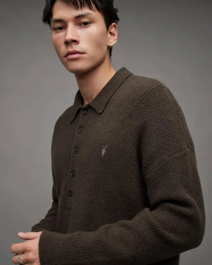 Shapley Long Sleeve Polo Neck Sweater Dark Ivy Green Men AllSaints Sweaters