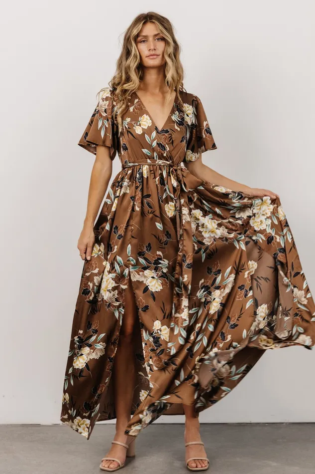 Sicily Satin Maxi Dress Mocha Floral Women Baltic Born Bump Friendly
