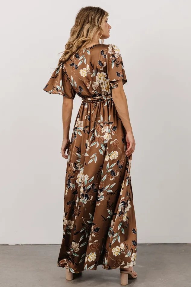 Sicily Satin Maxi Dress Mocha Floral Women Baltic Born Bump Friendly