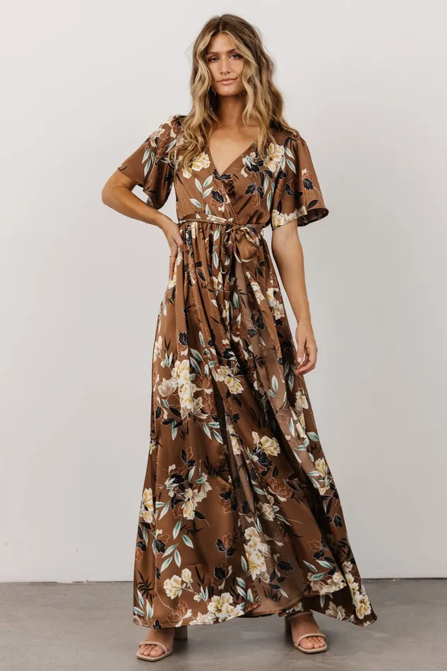 Sicily Satin Maxi Dress Mocha Floral Women Baltic Born Bump Friendly