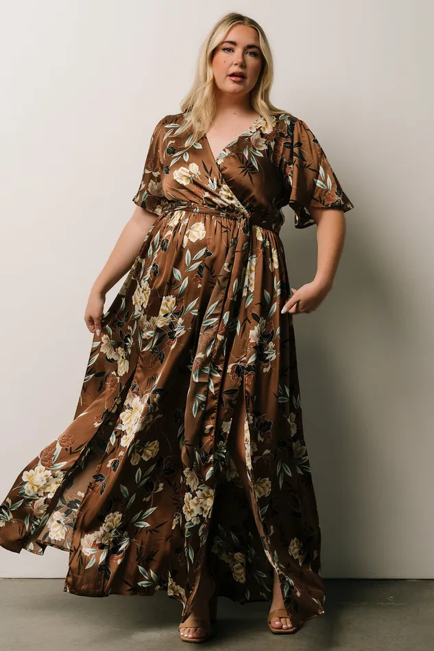 Sicily Satin Maxi Dress Mocha Floral Women Baltic Born Bump Friendly