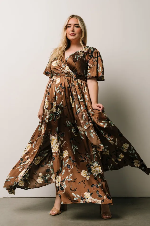 Sicily Satin Maxi Dress Mocha Floral Women Baltic Born Bump Friendly