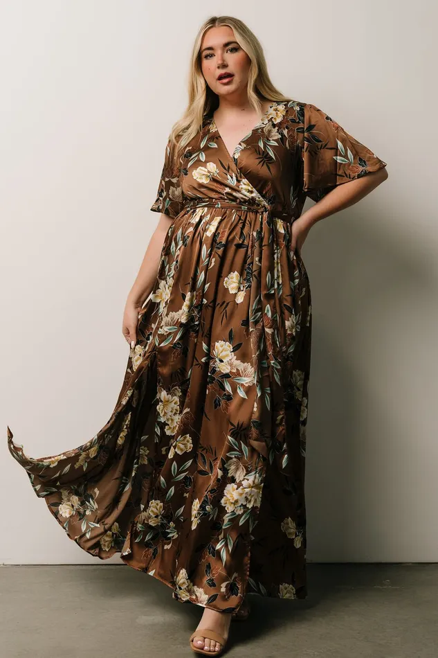 Sicily Satin Maxi Dress Mocha Floral Women Baltic Born Bump Friendly