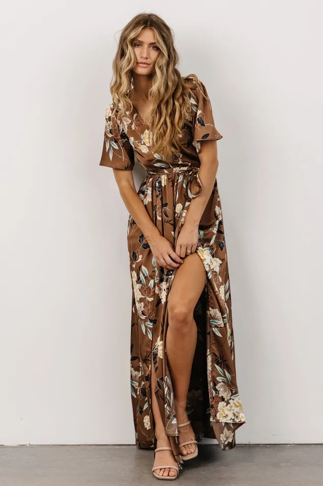 Sicily Satin Maxi Dress Mocha Floral Women Baltic Born Bump Friendly