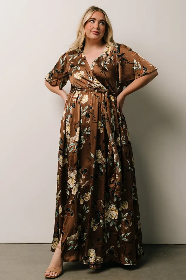 Sicily Satin Maxi Dress Mocha Floral Women Baltic Born Bump Friendly