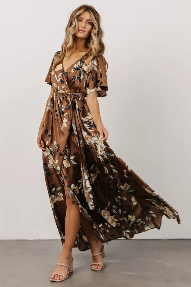 Sicily Satin Maxi Dress Mocha Floral Women Baltic Born Bump Friendly