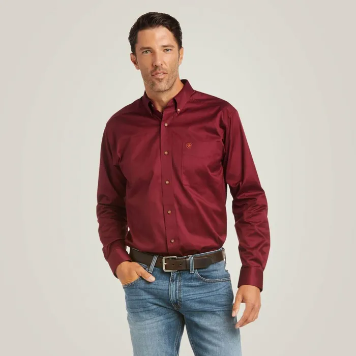 Solid Twill Fitted Shirt Burgundy Men Ariat Button Down Shirts