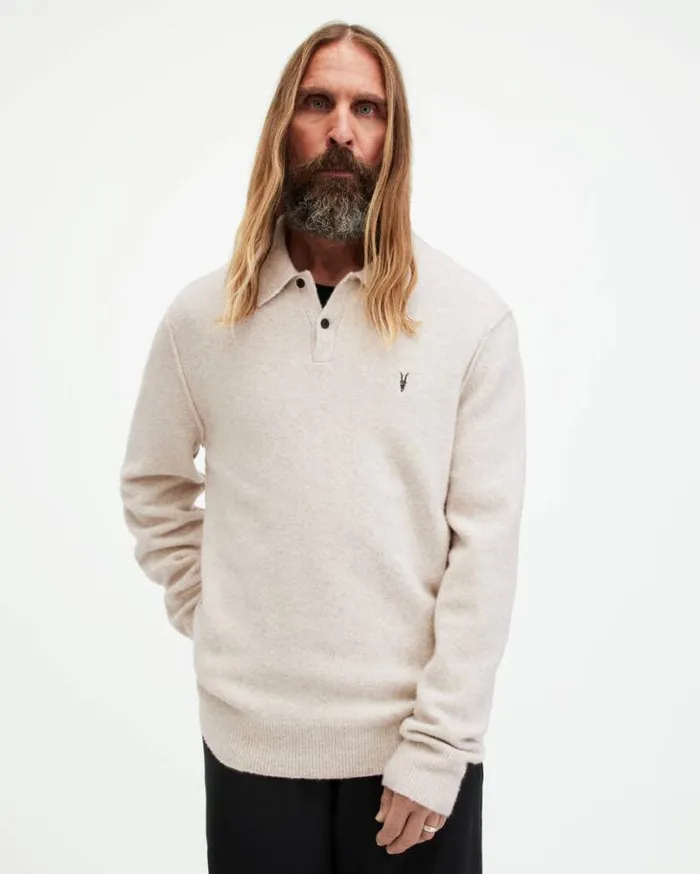 Statten Long Sleeve Ramskull Polo Jumper Oatmeal White Men AllSaints Sweaters