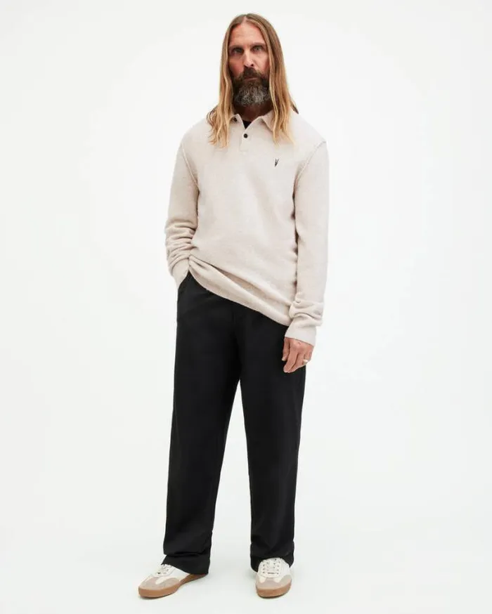 Statten Long Sleeve Ramskull Polo Jumper Oatmeal White Men AllSaints Sweaters