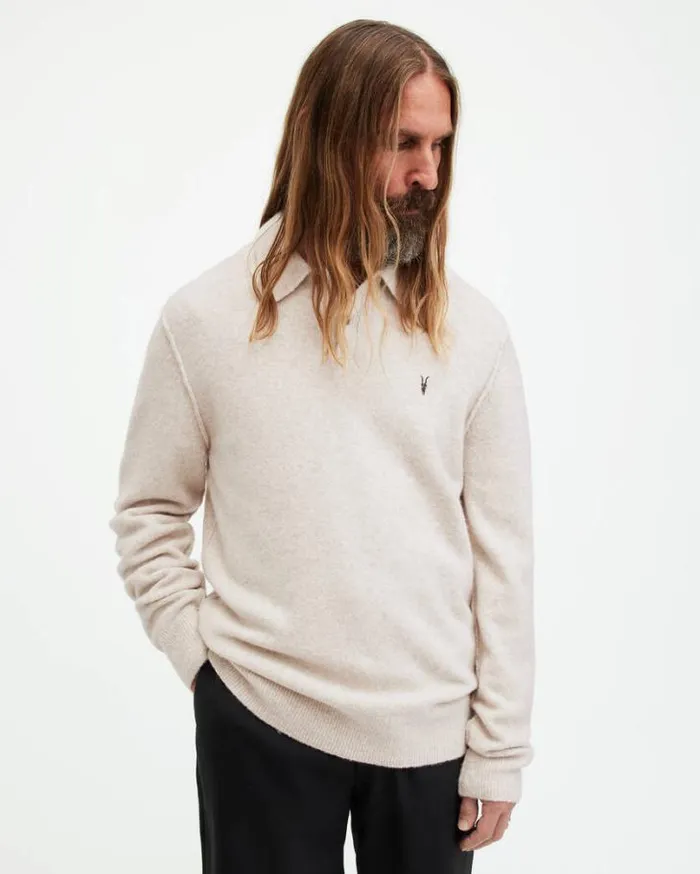 Statten Long Sleeve Ramskull Polo Jumper Oatmeal White Men AllSaints Sweaters
