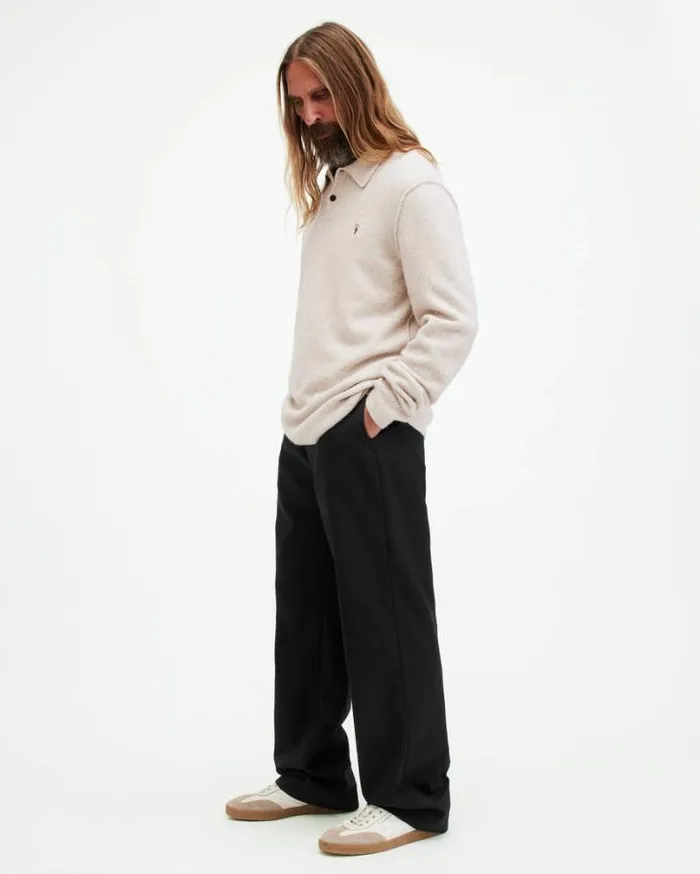 Statten Long Sleeve Ramskull Polo Jumper Oatmeal White Men AllSaints Sweaters