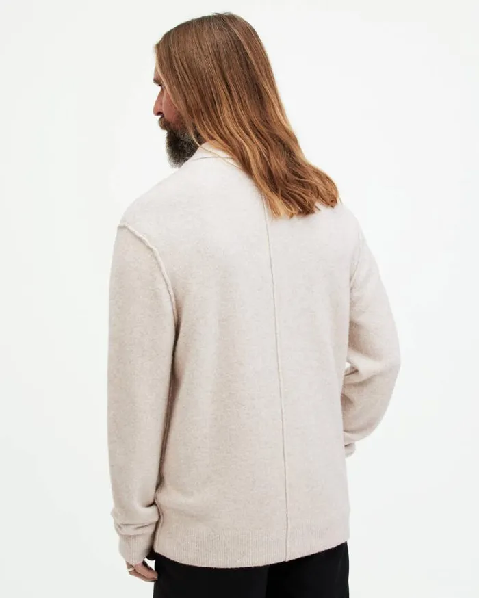 Statten Long Sleeve Ramskull Polo Jumper Oatmeal White Men AllSaints Sweaters