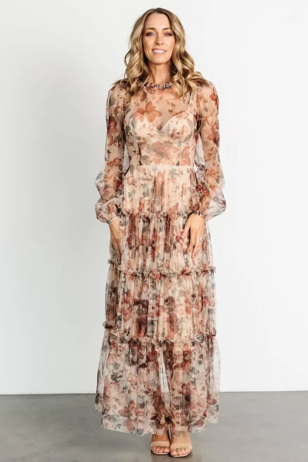 Stephanie Tiered Maxi Dress Taupe Floral Women Baltic Born Tulle Styles