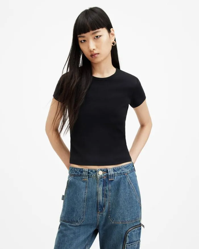Stevie Slim Fit Short Sleeve TShirt Black Women AllSaints TShirts